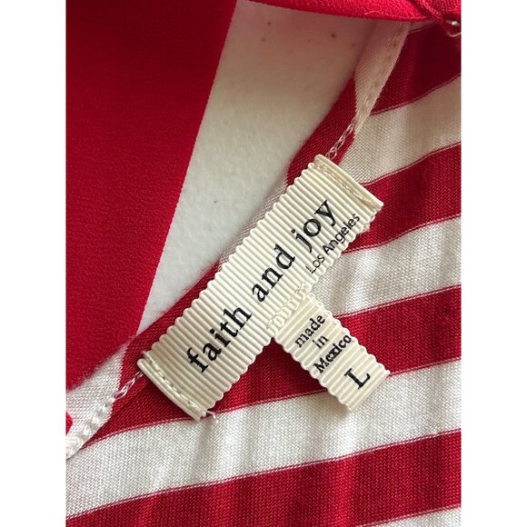 Faith & Joy Red & White L Striped Sleeveless V-Neck Tank Top With Back Bow Tie - Picture 4 of 7